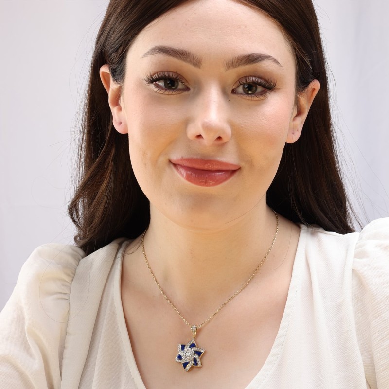 14K Gold and Blue Enamel Modern Star of David Pendant With 71 Diamonds