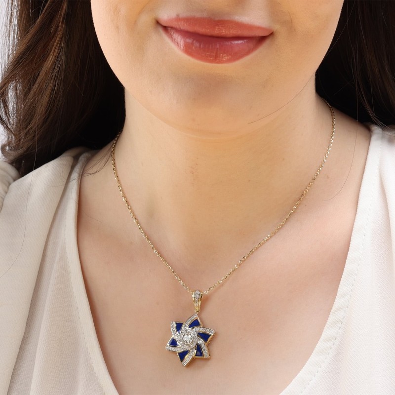 Pendentif étoile de David moderne en or 14 carats et émail bleu avec 71 diamants
