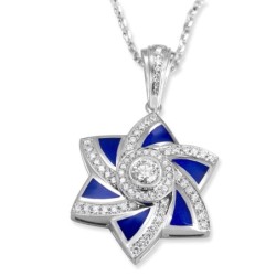 14K Gold and Blue Enamel Modern Star of David Pendant With 71 Diamonds