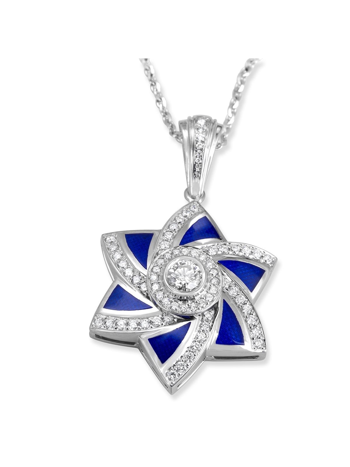 14K Gold and Blue Enamel Modern Star of David Pendant With 71 Diamonds