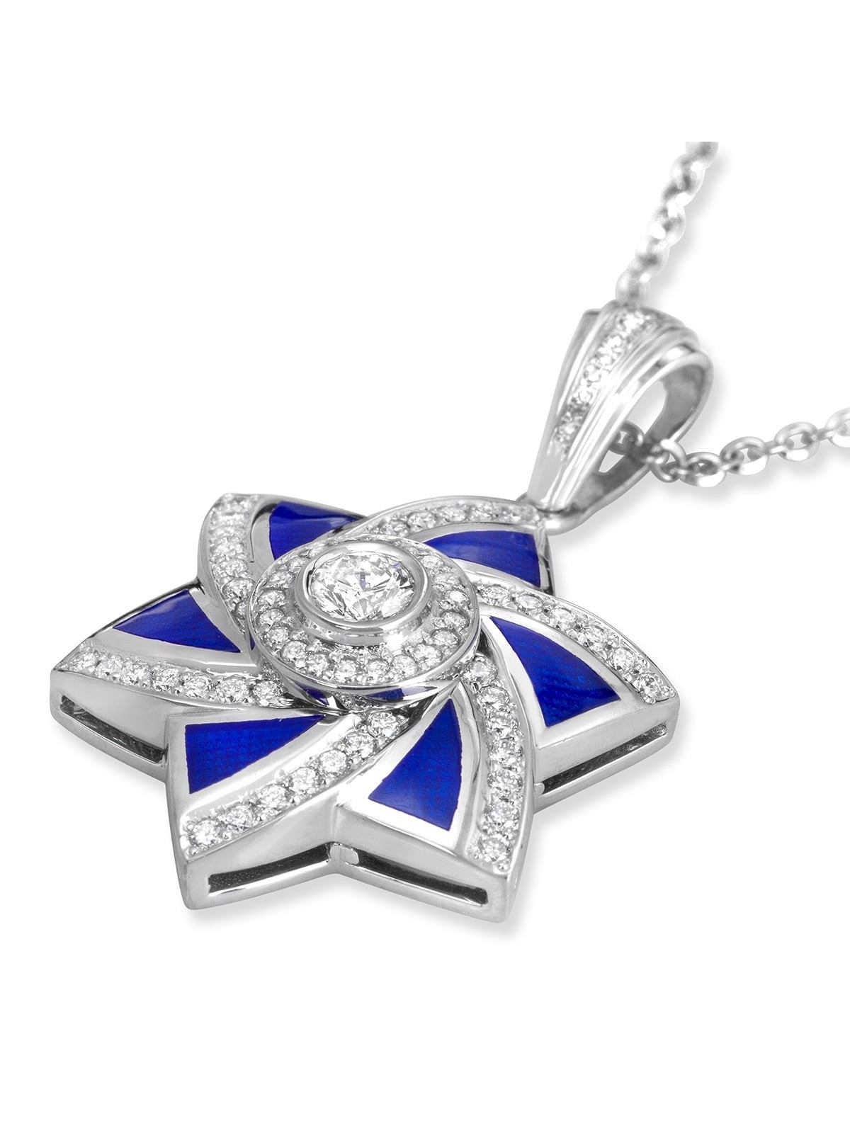 14K Gold and Blue Enamel Modern Star of David Pendant With 71 Diamonds