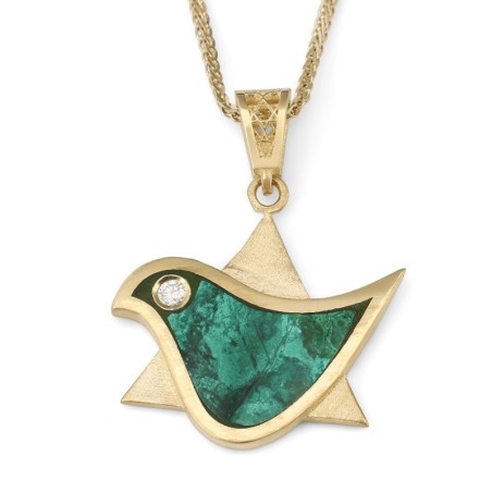 Pendentif Colombe-Étoile de David en or 14 carats avec pierre d'Eilat