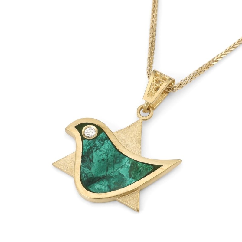 Pendentif Colombe-Étoile de David en or 14 carats avec pierre d'Eilat