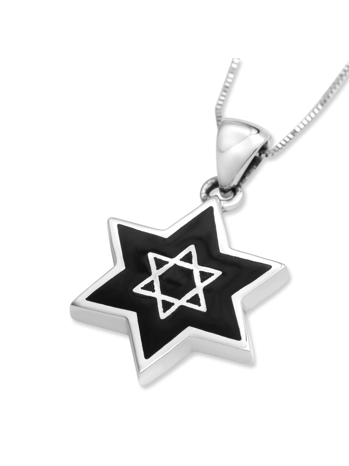Sterling Silver Star of David Pendant Necklace with Onyx Filling