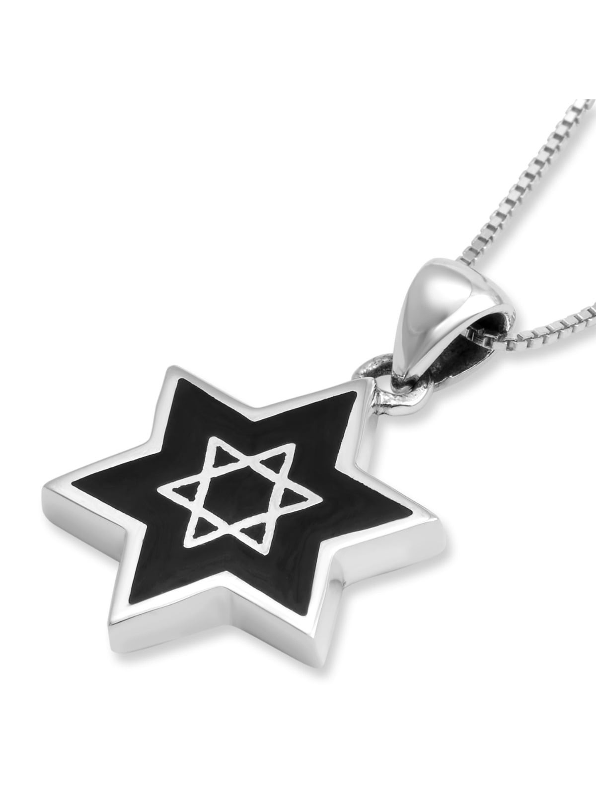 Sterling Silver Star of David Pendant Necklace with Onyx Filling