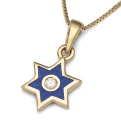 Minimalist Diamond 14K Gold Star of David Pendant Necklace with Blue E