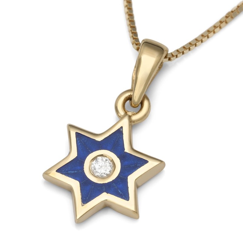 Collier minimaliste avec pendentif étoile de David en or 14 carats et diamant avec E bleu