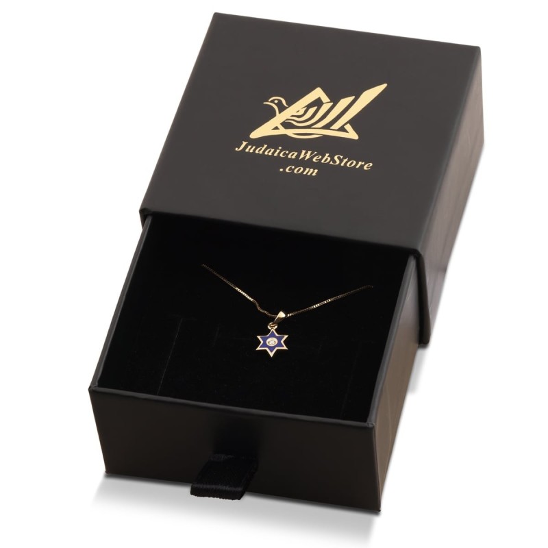 Minimalist Diamond 14K Gold Star of David Pendant Necklace with Blue E