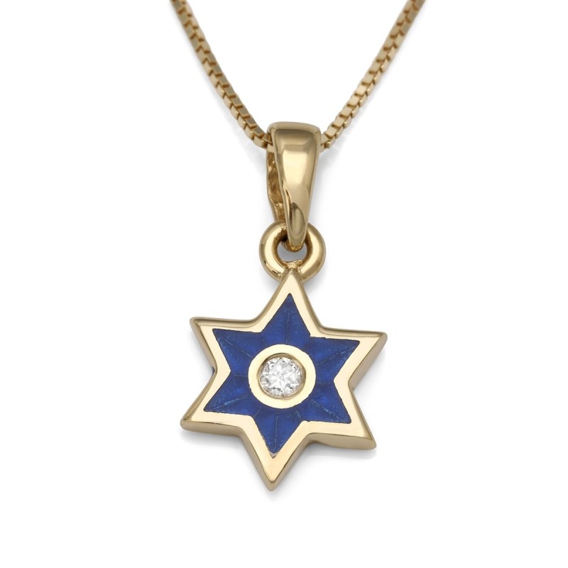 Collier minimaliste avec pendentif étoile de David en or 14 carats et diamant avec E bleu