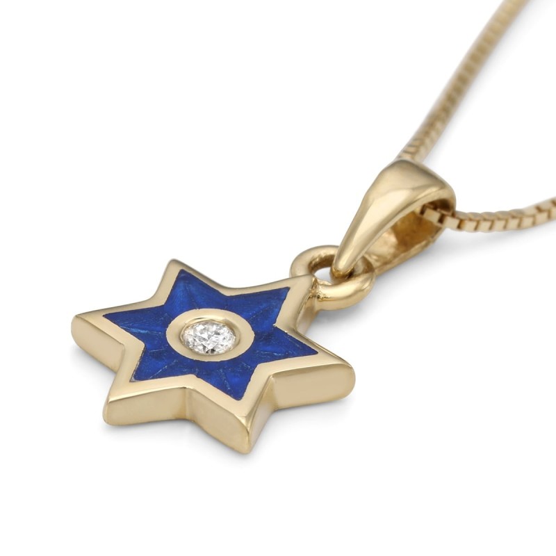 Collier minimaliste avec pendentif étoile de David en or 14 carats et diamant avec E bleu