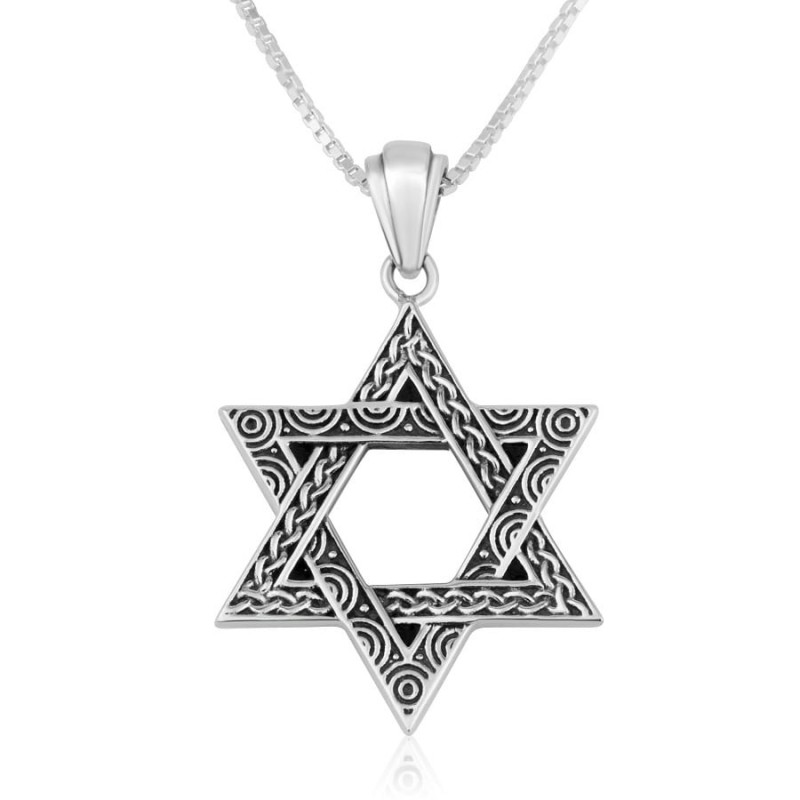 Collier étoile de David en argent sterling avec motif torsadé et spirale
