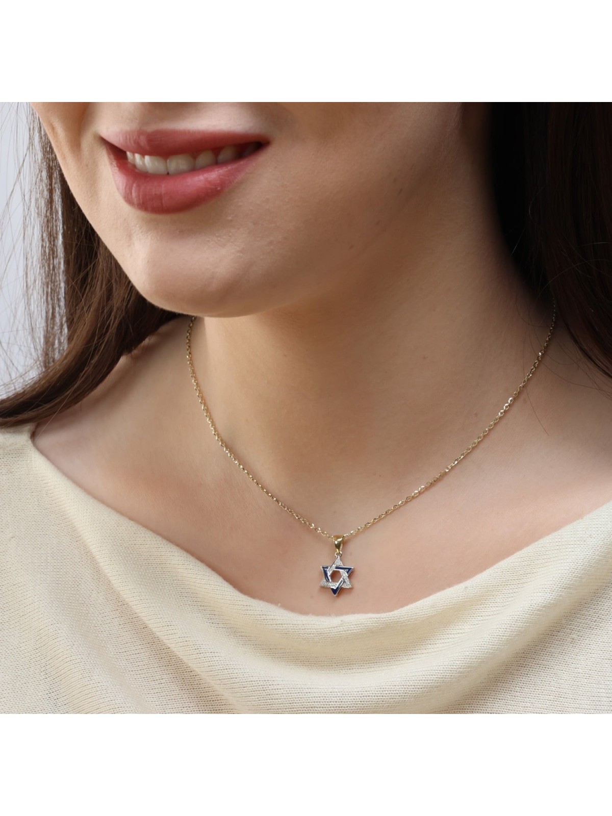 Collier pendentif double étoile de David en or 14 carats rehaussé de diamants pour femme