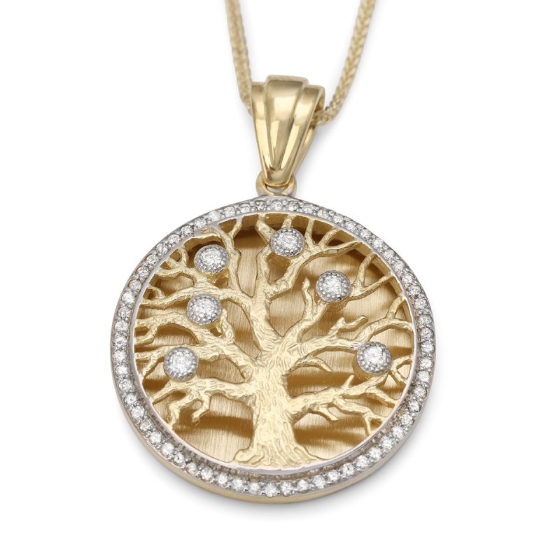 Collier avec pendentif arbre de vie rond en or 14 carats serti de diamants - Grand