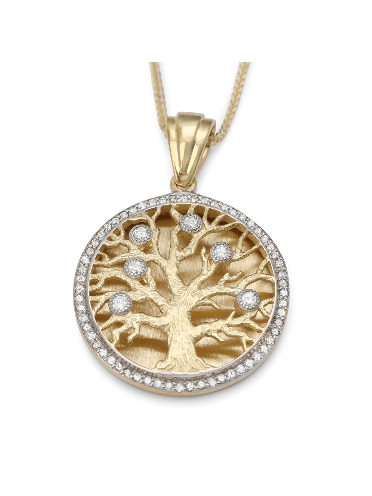 14K Gold Diamond-Studded Round Tree of Life Pendant Necklace - Large