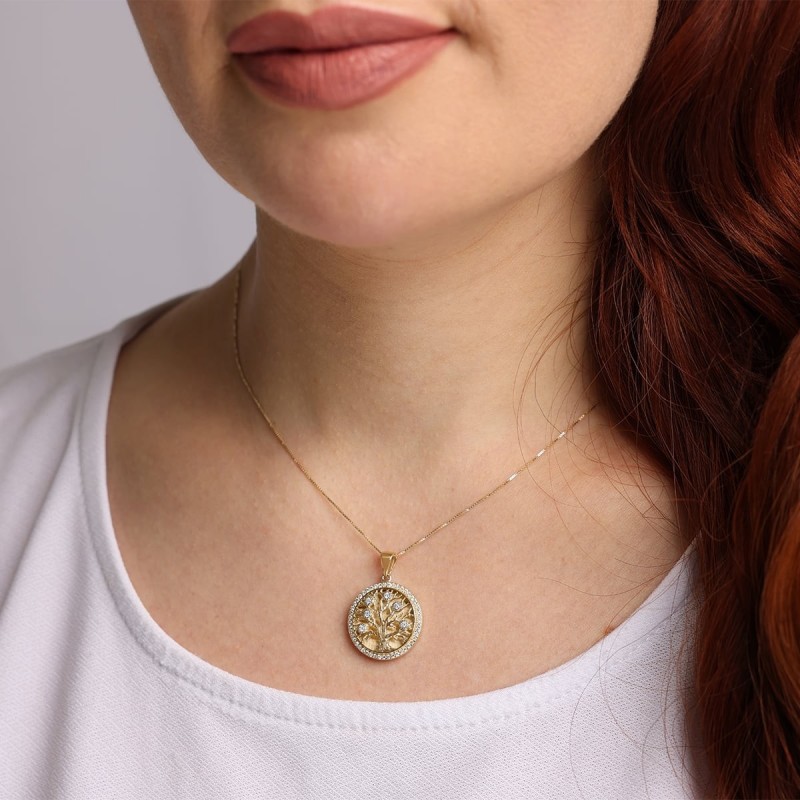 Collier avec pendentif arbre de vie rond en or 14 carats serti de diamants - Grand