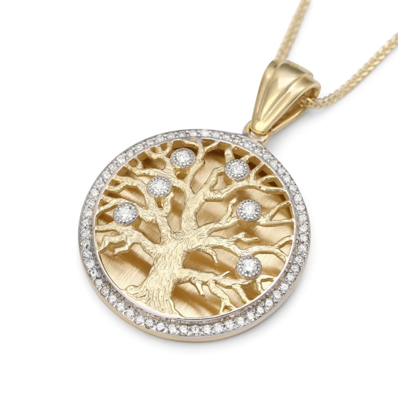 Collier avec pendentif arbre de vie rond en or 14 carats serti de diamants - Grand