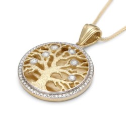 14K Gold Diamond-Studded Round Tree of Life Pendant Necklace - Large