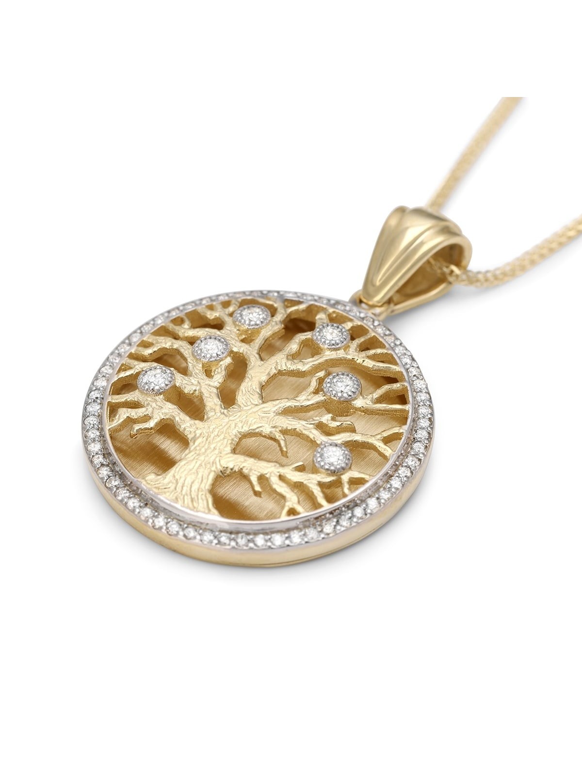 14K Gold Diamond-Studded Round Tree of Life Pendant Necklace - Large