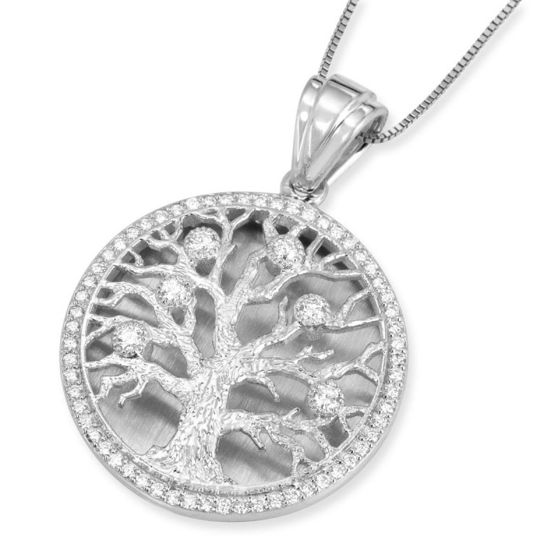 Collier avec pendentif arbre de vie rond en or 14 carats serti de diamants - Grand