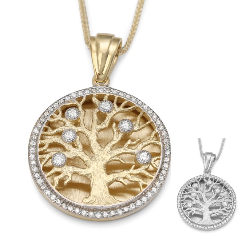 Collier avec pendentif arbre de vie rond en or 14 carats serti de diamants - Grand