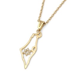 14K Gold Women's Map of Israel Outline Pendant with Diamond-Studded St