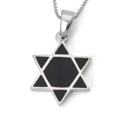 Contemporary Sterling Silver Star of David Pendant Necklace With Onyx
