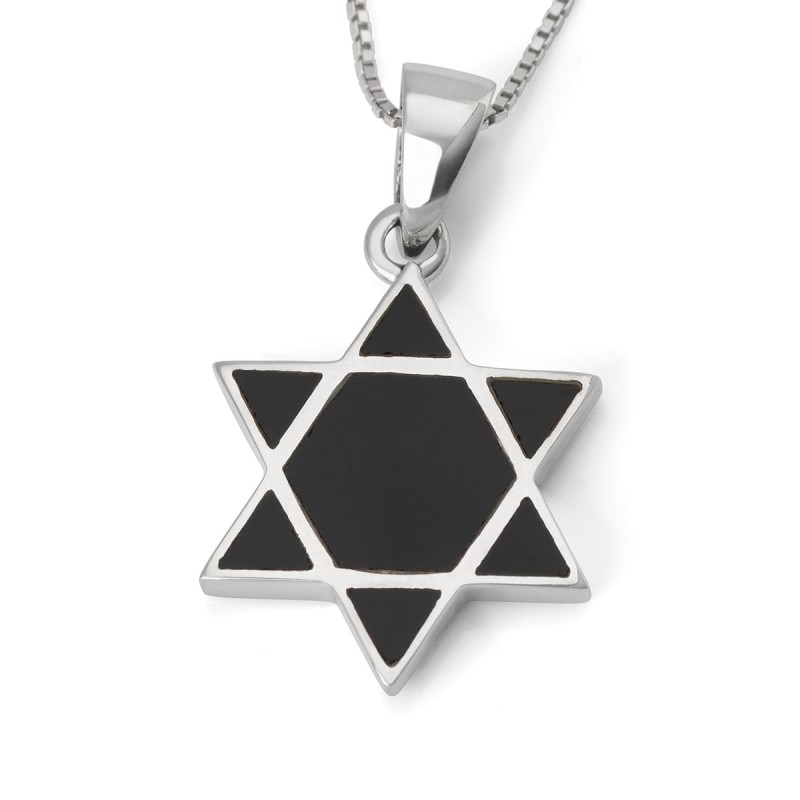 Contemporary Sterling Silver Star of David Pendant Necklace With Onyx
