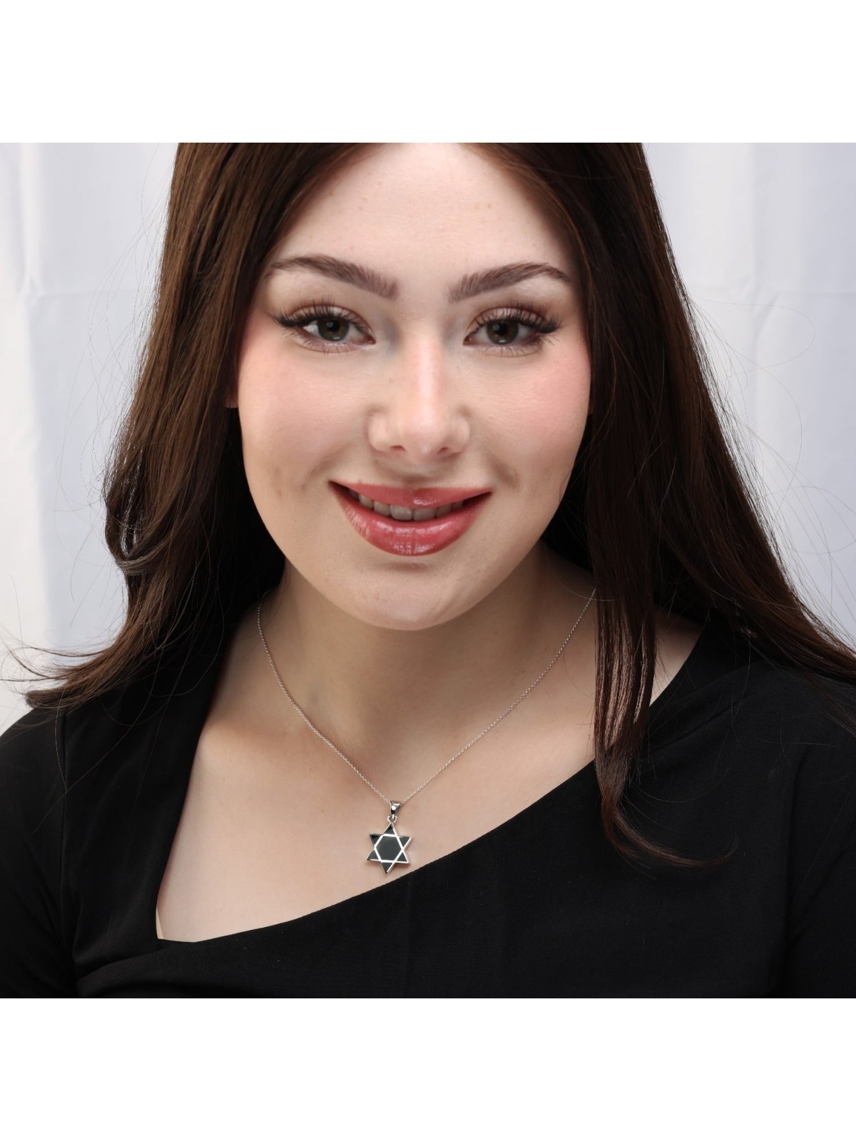 Contemporary Sterling Silver Star of David Pendant Necklace With Onyx