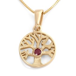 14K Gold Round Tree of Life Pendant Necklace With Ruby Stone