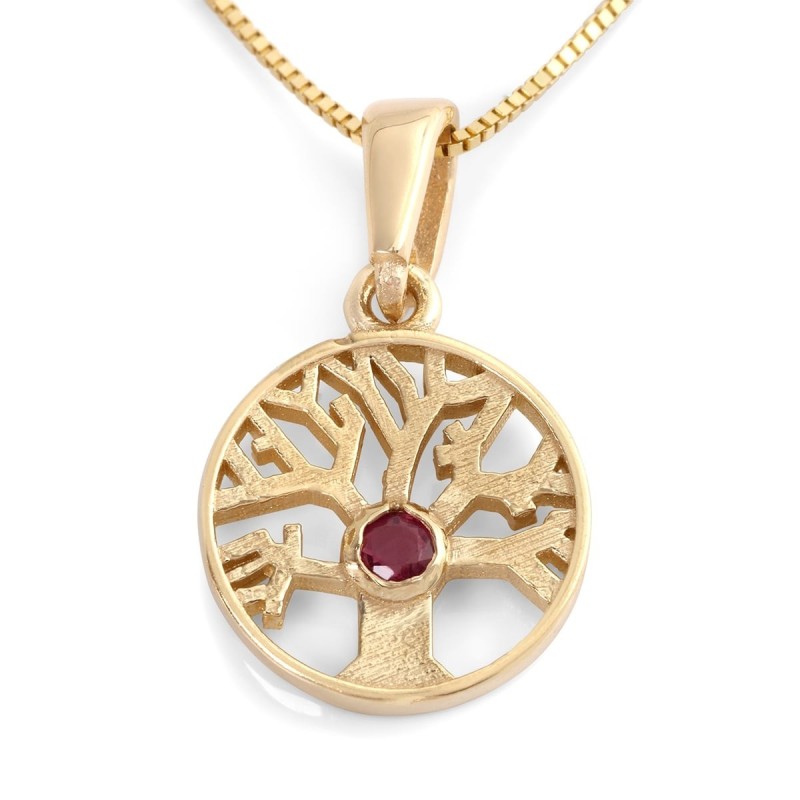 14K Gold Round Tree of Life Pendant Necklace With Ruby Stone