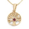 14K Gold Round Tree of Life Pendant Necklace With Ruby Stone