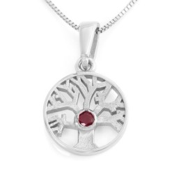 14K Gold Round Tree of Life Pendant Necklace With Ruby Stone