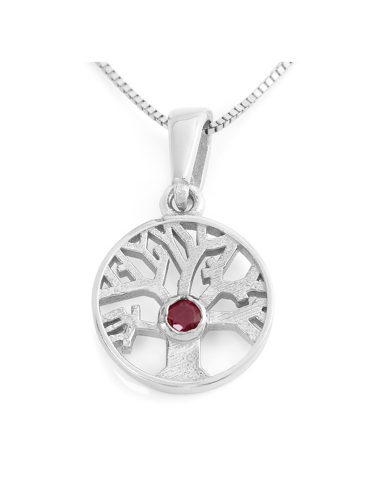 14K Gold Round Tree of Life Pendant Necklace With Ruby Stone