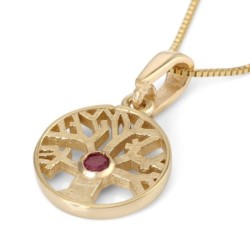 14K Gold Round Tree of Life Pendant Necklace With Ruby Stone