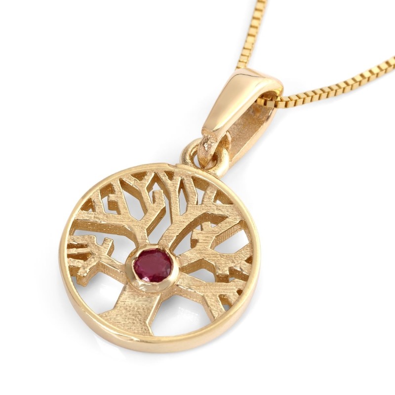 Collier pendentif arbre de vie rond en or 14 carats avec pierre rubis