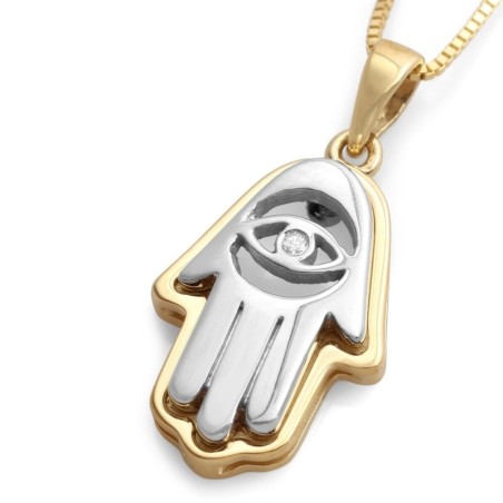 14K Yellow and White Gold Layered Hamsa Pendant Necklace with Evil Eye