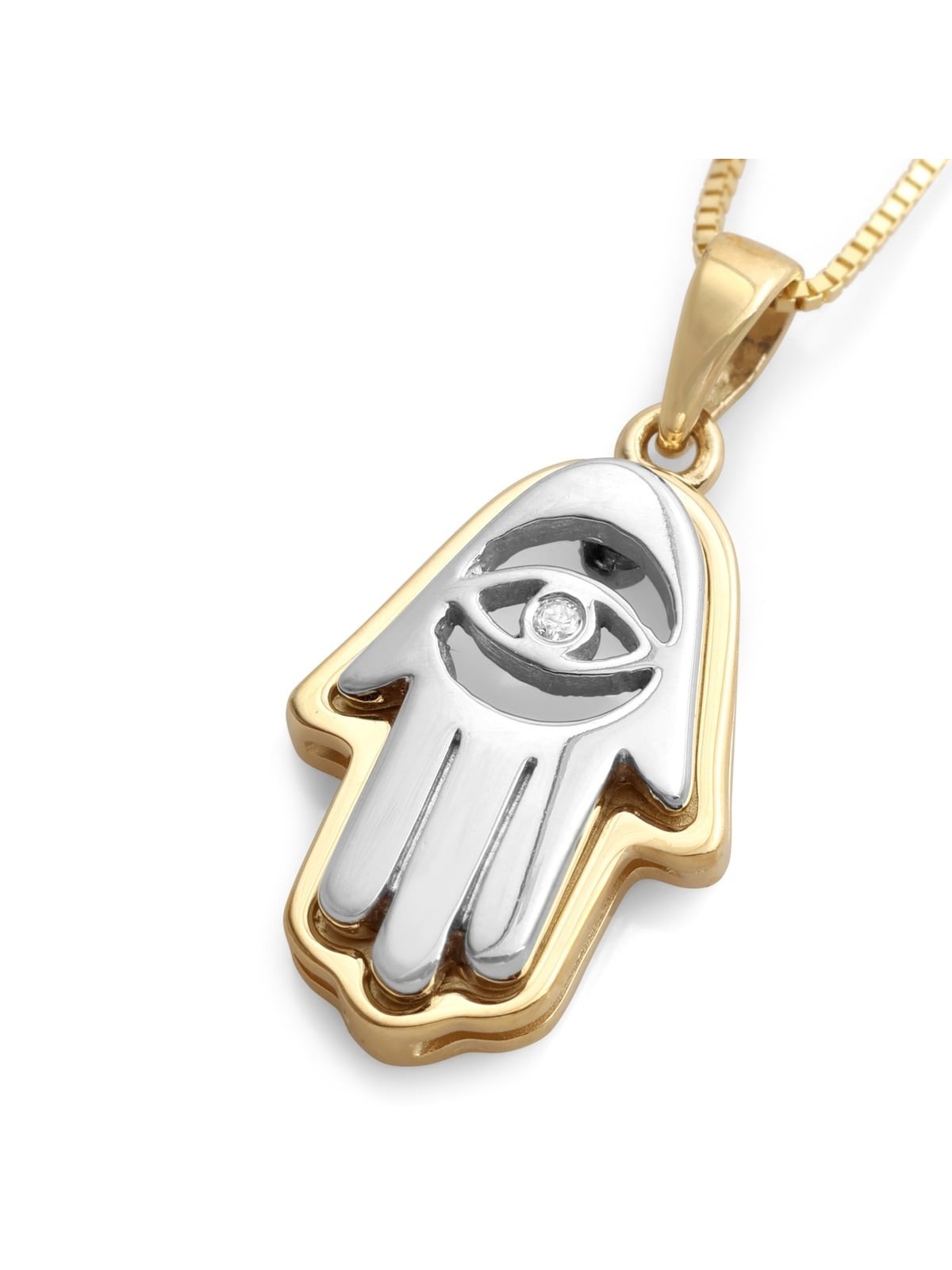 Collier pendentif Hamsa en or jaune et blanc 14 carats avec mauvais œil