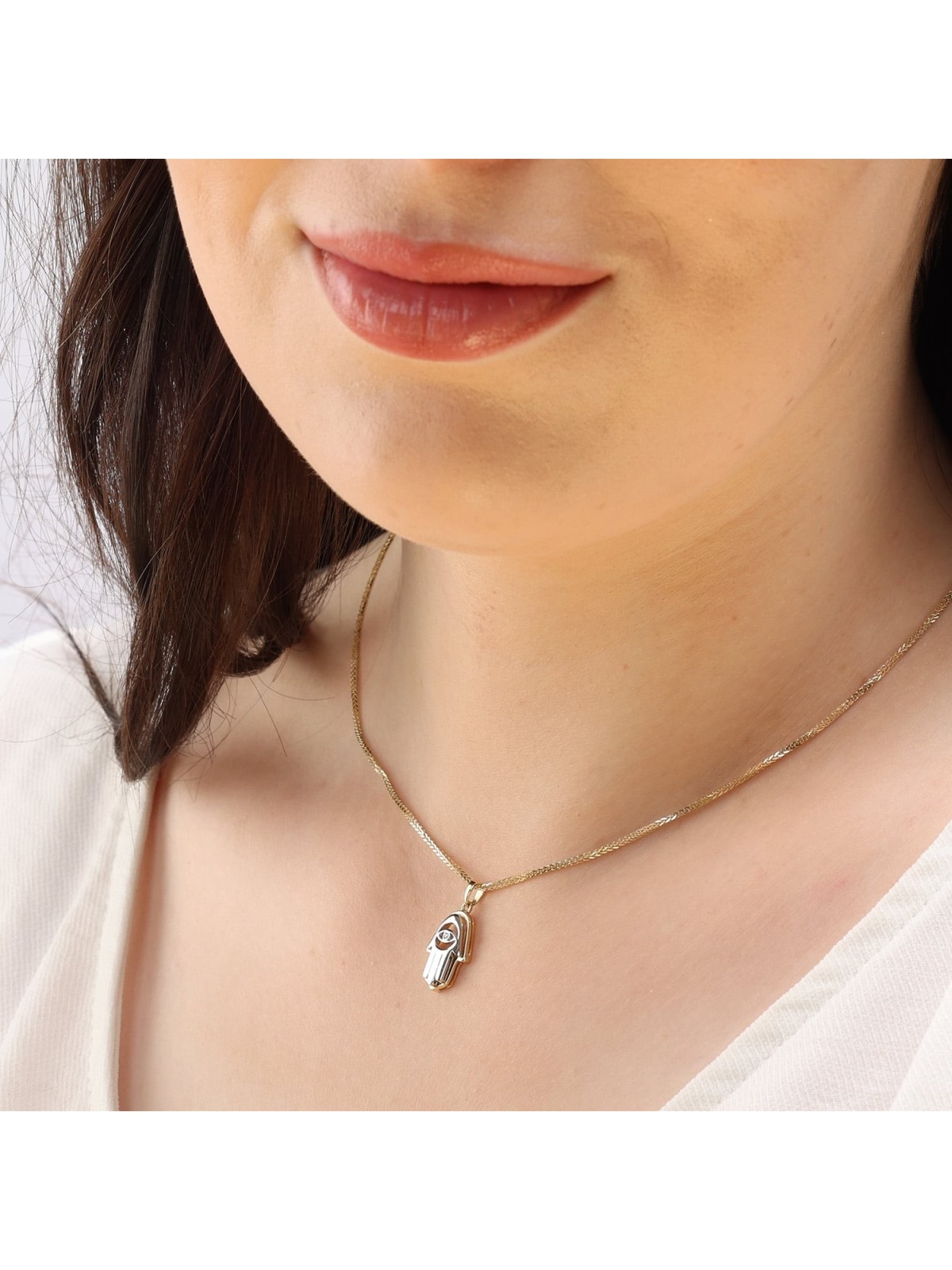 14K Yellow and White Gold Layered Hamsa Pendant Necklace with Evil Eye