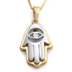 14K Yellow and White Gold Layered Hamsa Pendant Necklace with Evil Eye