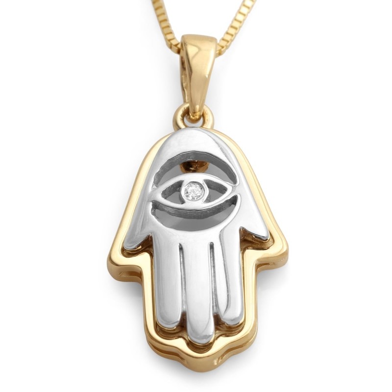 Collier pendentif Hamsa en or jaune et blanc 14 carats avec mauvais œil
