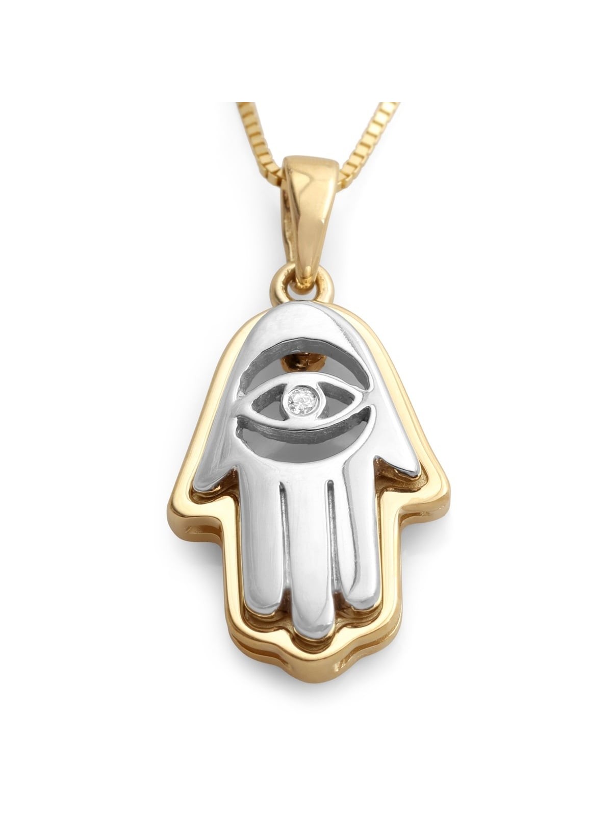 14K Yellow and White Gold Layered Hamsa Pendant Necklace with Evil Eye