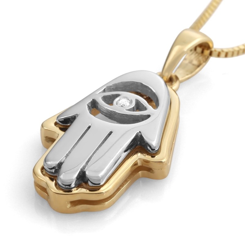 Collier pendentif Hamsa en or jaune et blanc 14 carats avec mauvais œil