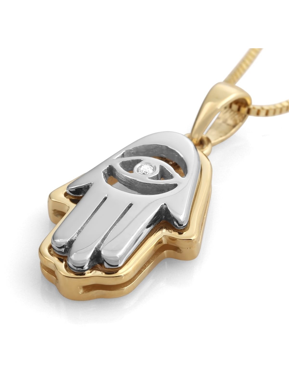14K Yellow and White Gold Layered Hamsa Pendant Necklace with Evil Eye