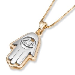 14K Yellow and White Gold Layered Hamsa Pendant Necklace with Evil Eye