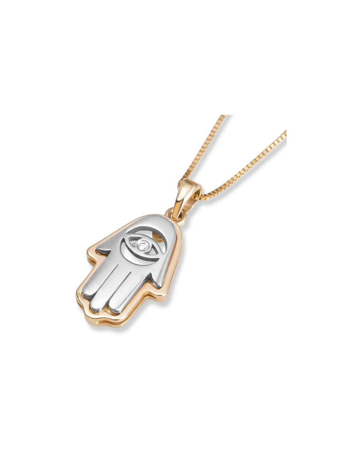 Collier pendentif Hamsa en or jaune et blanc 14 carats avec mauvais œil