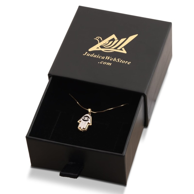 Collier pendentif Hamsa en or jaune et blanc 14 carats avec mauvais œil