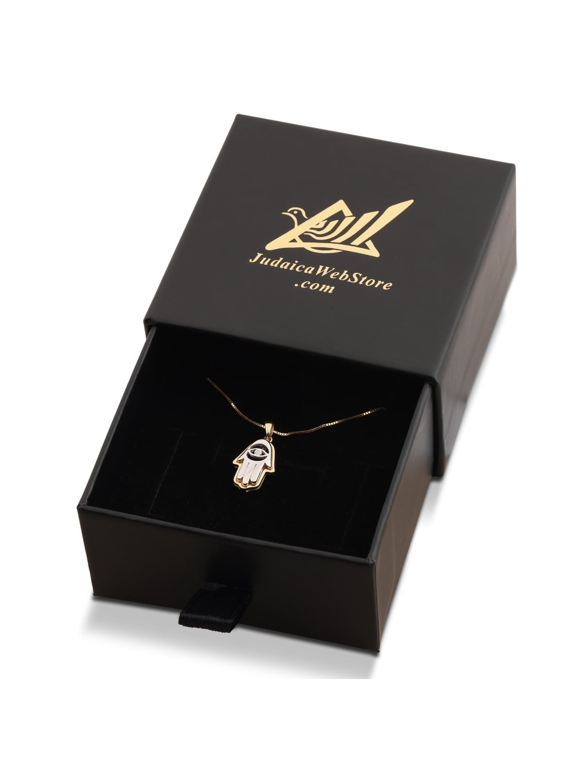 14K Yellow and White Gold Layered Hamsa Pendant Necklace with Evil Eye