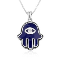 Sterling Silver Evil Eye and Hamsa Necklace with Zircon Stone