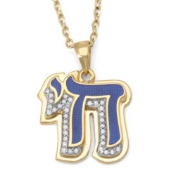 14K Gold Chai Pendant with Diamonds and Enamel