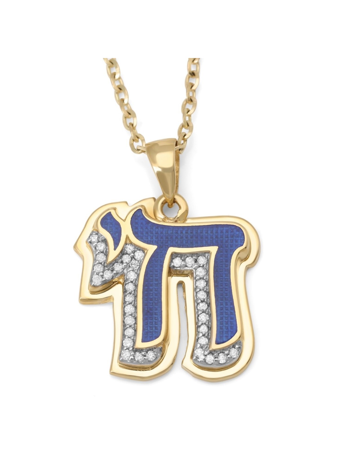 14K Gold Chai Pendant with Diamonds and Enamel